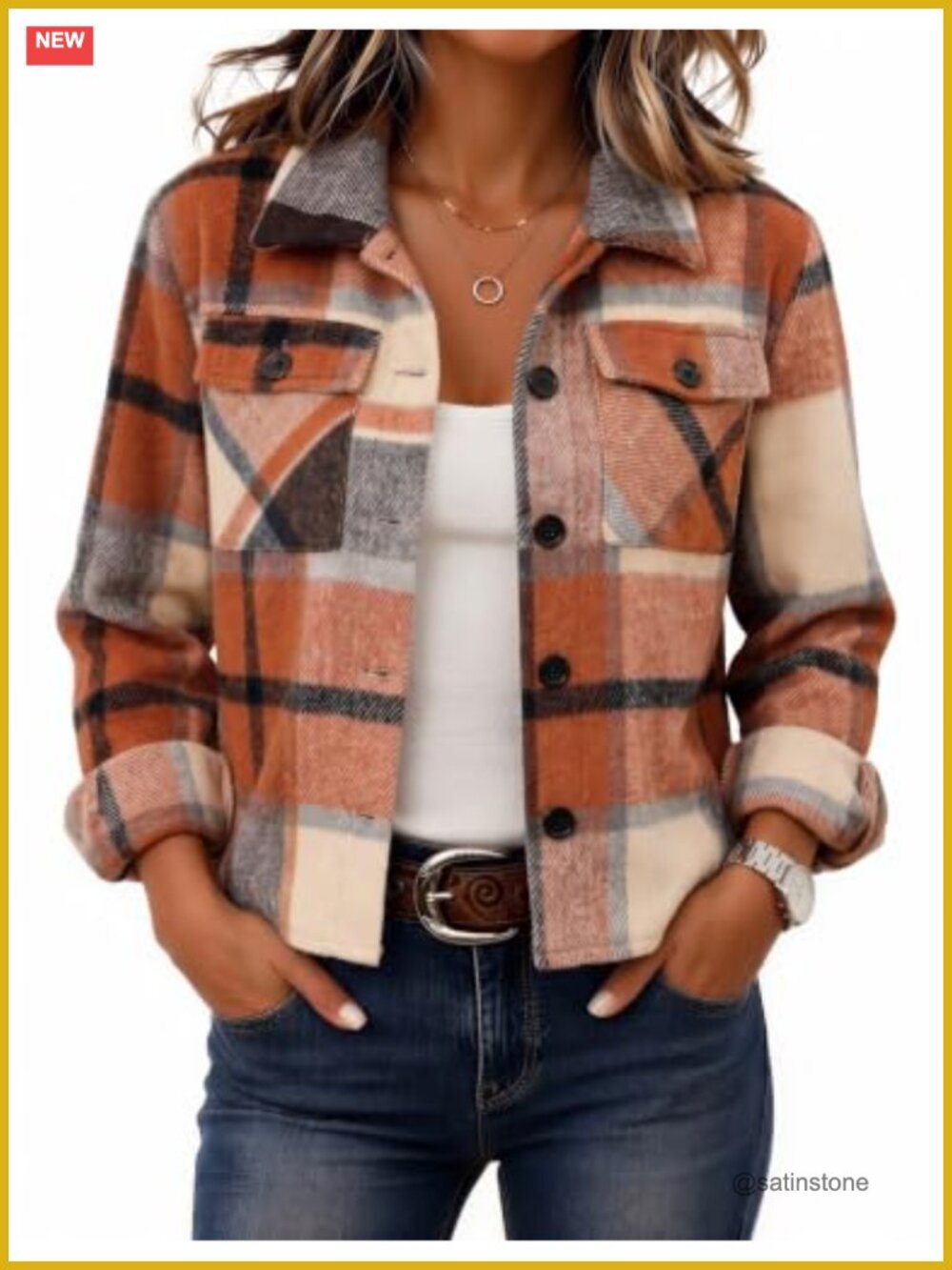 Crop Flannel Plaid Shacket Jacket Long Sleeve with Pockets